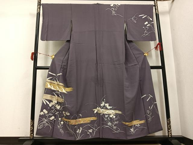 平和屋着物●訪問着 駒刺繍 群れ鶴草花文 金彩 正絹 逸品 AABJ6265ph
