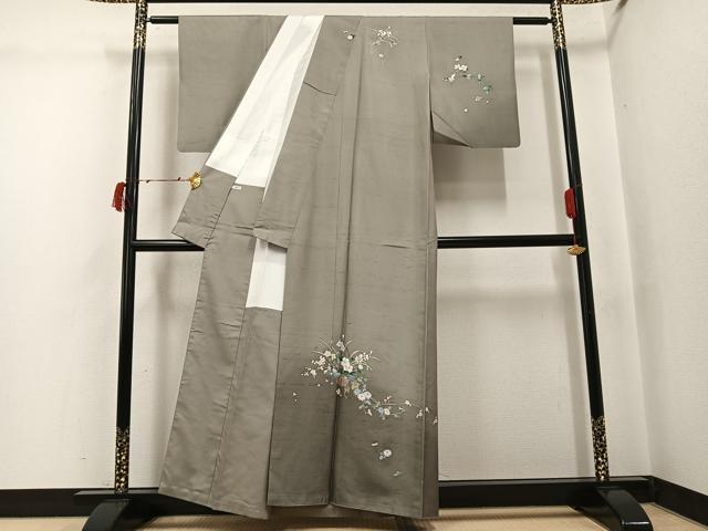 平和屋着物●訪問着 友禅 作家物 紬地 草花文 暈し染め 正絹 逸品 AABJ6291ph