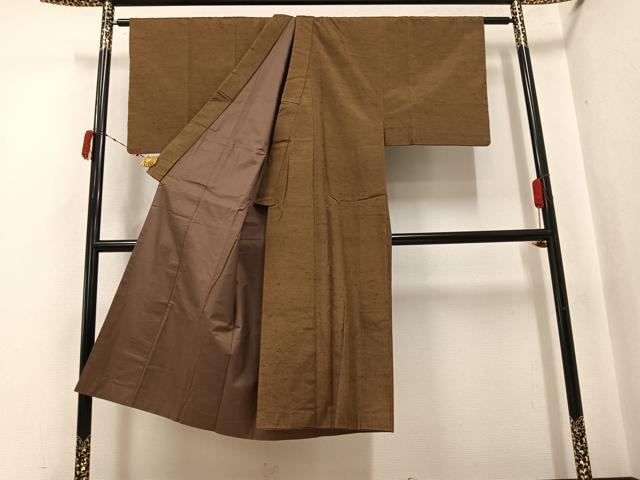 平和屋着物●男性 紬 アンサンブル 色無地 朽葉色 正絹 逸品 AABJ6295ph