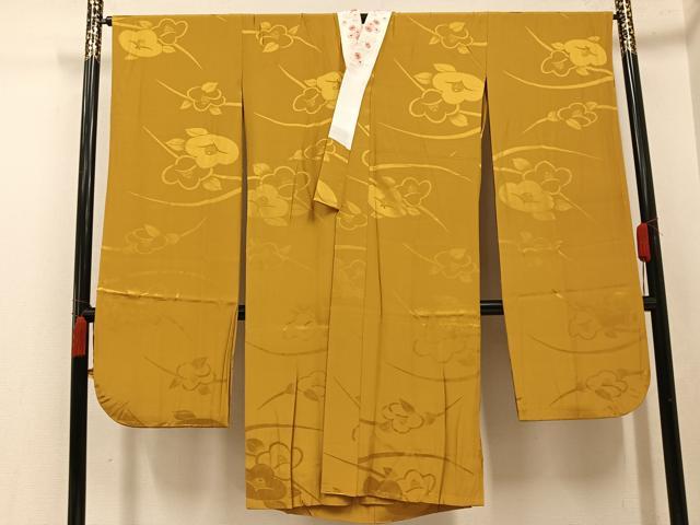 平和屋着物●振袖用長襦袢 椿地紋 山吹茶色 半衿刺繍 正絹 逸品 AABJ6308ph