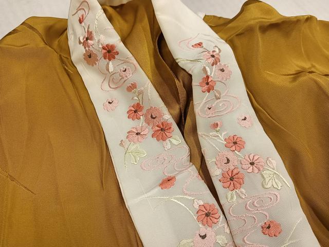 平和屋着物●振袖用長襦袢 椿地紋 山吹茶色 半衿刺繍 正絹 逸品 AABJ6308ph