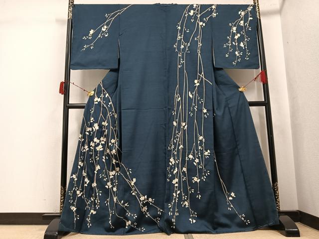 平和屋着物●訪問着 紬地 枝垂れ桜文 金彩 鈴乃屋扱い 正絹 逸品 未使用 AABJ6336ph