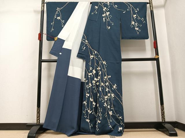 平和屋着物●訪問着 紬地 枝垂れ桜文 金彩 鈴乃屋扱い 正絹 逸品 未使用 AABJ6336ph