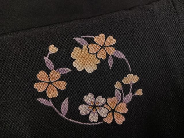 平和屋着物●上質な小紋 京友禅 草花文 黒地 丹後ちりめん 反端付き 正絹 逸品 AABJ6343ph