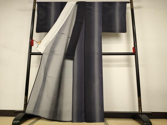 平和屋着物*夏物 小紋 縦絽 縞 暈し染め 正絹 逸品 AABJ6375jd