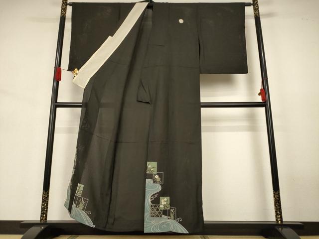 平和屋着物*夏物 黒留袖 縦絽 刺繍 流水色紙花文 金糸 正絹 逸品 AABJ6378jd
