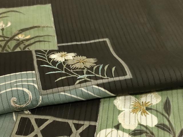 平和屋着物*夏物 黒留袖 縦絽 刺繍 流水色紙花文 金糸 正絹 逸品 AABJ6378jd