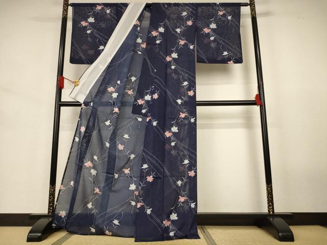 平和屋着物*夏物 小紋 絽 枝花文 洗える着物 AABJ6381jd