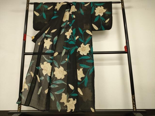 平和屋着物*夏物 アンティーク 大正ロマン 小紋 紗 草花文 黒地 正絹 逸品 AABJ6398jd