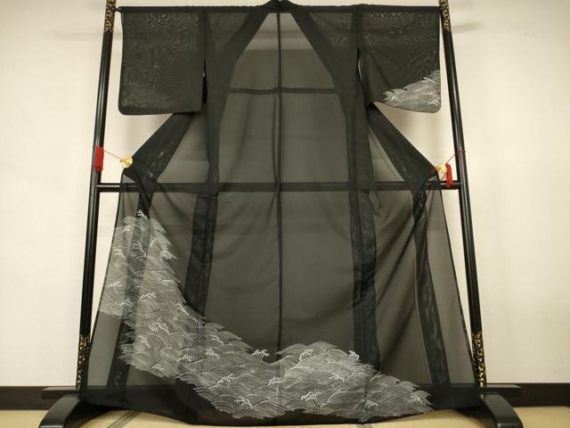平和屋着物*夏物 訪問着 絽 立波文 黒地 洗える着物 AABJ6430jd