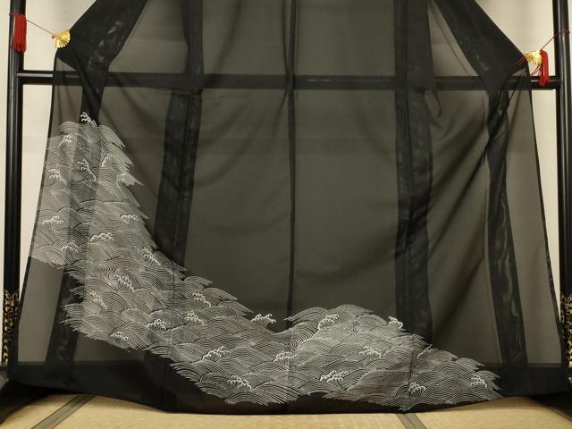 平和屋着物*夏物 訪問着 絽 立波文 黒地 洗える着物 AABJ6430jd
