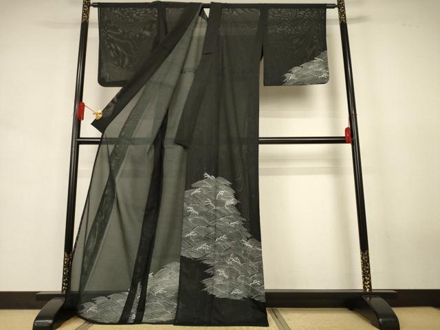 平和屋着物*夏物 訪問着 絽 立波文 黒地 洗える着物 AABJ6430jd