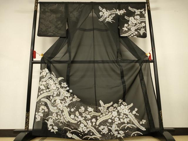 平和屋着物*夏物 訪問着 絽 辻が花 黒地 洗える着物 AABJ6438jd