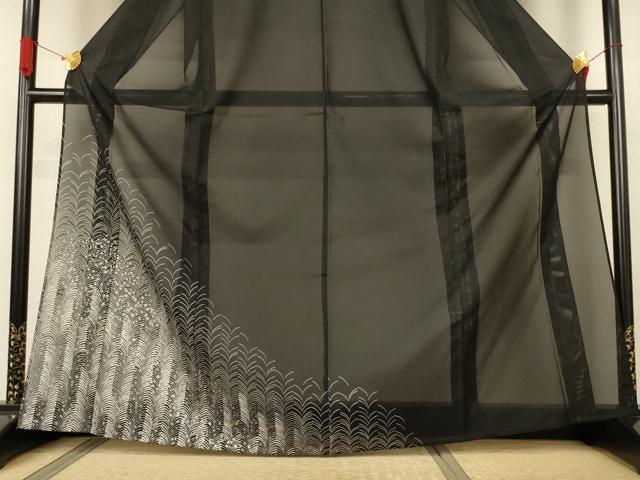 平和屋着物*夏物 訪問着 絽 草木文 黒地 銀彩 洗える着物 AABJ6444jd