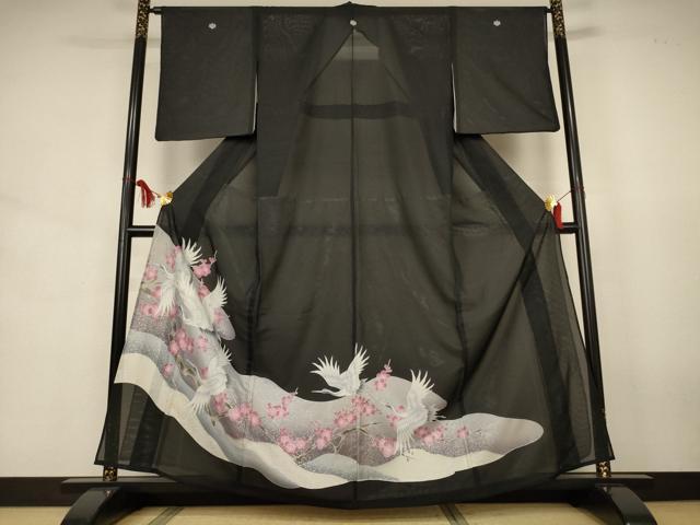 平和屋着物*夏物 黒留袖 絽 枝梅文 鶴 洗える着物 AABJ6459jd