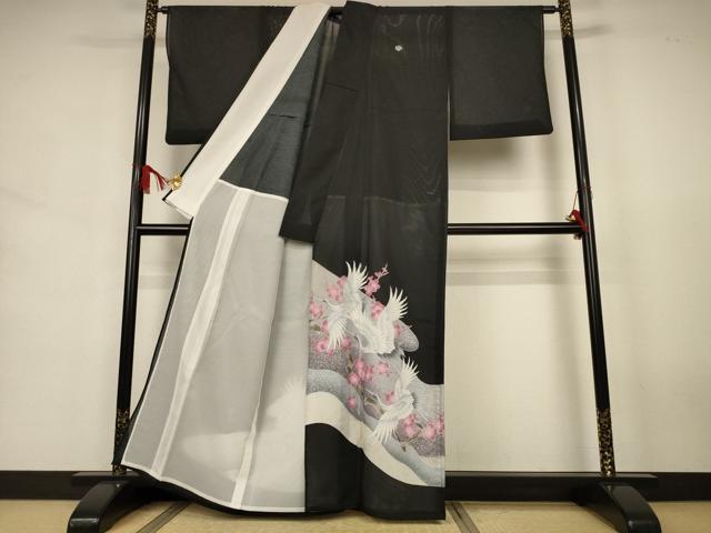 平和屋着物*夏物 黒留袖 絽 枝梅文 鶴 洗える着物 AABJ6459jd