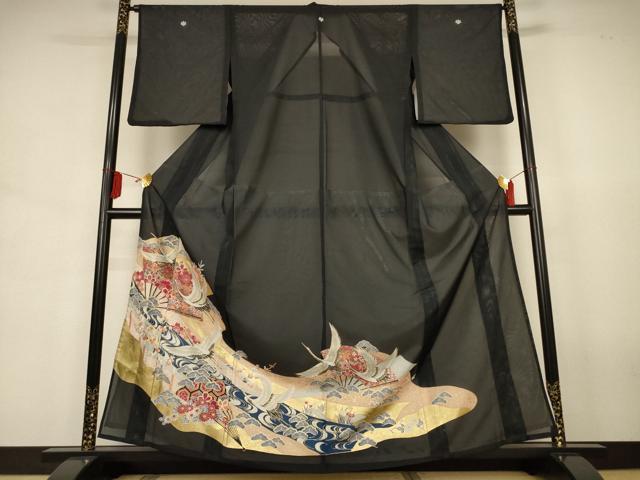 平和屋着物*夏物 黒留袖 絽 扇面吉祥花文 鶴 金彩 洗える着物 AABJ6461jd
