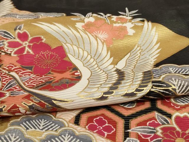 平和屋着物*夏物 黒留袖 絽 扇面吉祥花文 鶴 金彩 洗える着物 AABJ6461jd