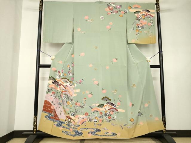 平和屋着物●訪問着 型染め 流水松文 正絹 逸品 AABJ6504ck
