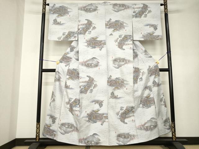 平和屋着物●上質な小紋 紬地 手描き 名所風景文 正絹 逸品 AABJ6526ck