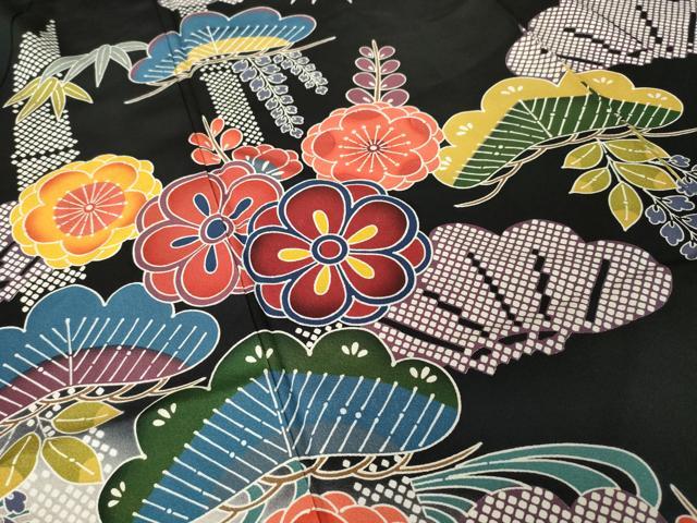 平和屋着物●豪華振袖 型染め 松竹梅流水文 黒地 正絹 逸品 AABJ6533ck