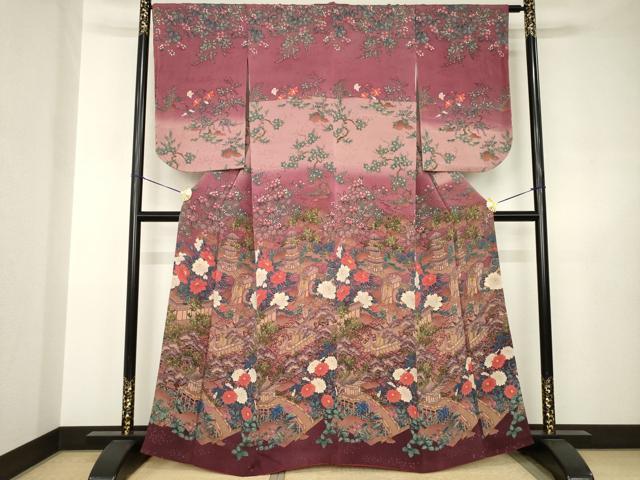 平和屋着物●訪問着 御所車風景花文 正絹 逸品 AABJ6543ck