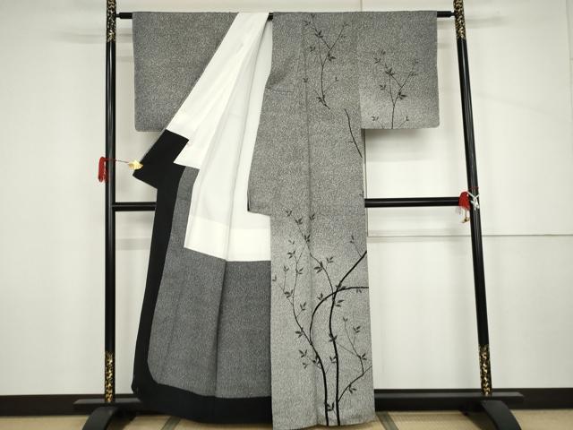 平和屋着物●訪問着 作家物 俊 枝葉文 たたき染め 黒地 正絹 逸品 AABJ6566cs