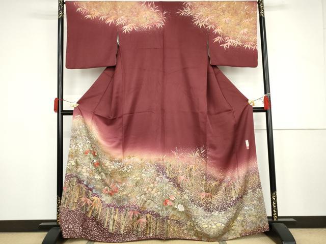 平和屋着物●訪問着 作家物 刺繍 笹竹草花文 暈し染め 金糸 金彩 金通し地 正絹 逸品 AABJ6573cs