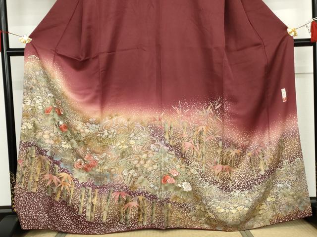 平和屋着物●訪問着 作家物 刺繍 笹竹草花文 暈し染め 金糸 金彩 金通し地 正絹 逸品 AABJ6573cs