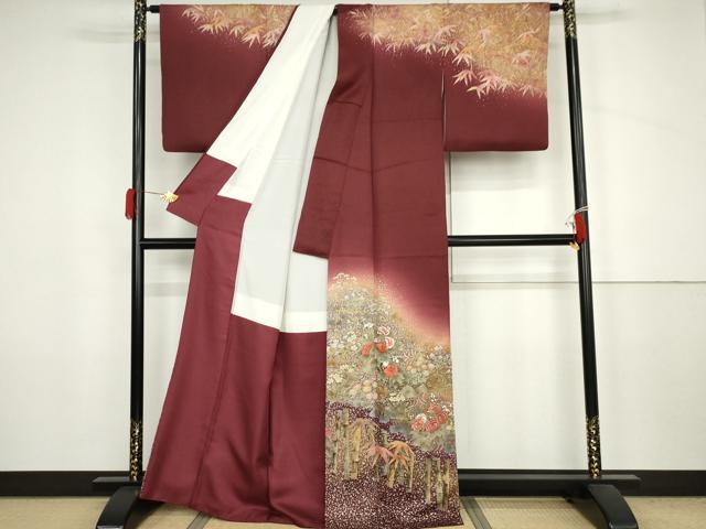 平和屋着物●訪問着 作家物 刺繍 笹竹草花文 暈し染め 金糸 金彩 金通し地 正絹 逸品 AABJ6573cs
