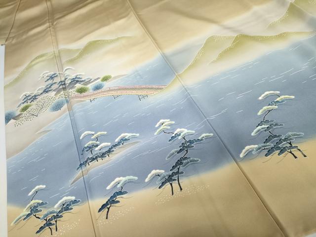 平和屋着物●名門・上野家 四代目 上野真(二代目 上野為二) 訪問着 渡り橋浜松風景文 暈し染め 正絹 逸品 AABJ6596cs