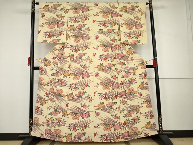 平和屋着物●上質な小紋 型染め 立波草花文 鬼しぼ縮緬 正絹 逸品 AABJ6617cs