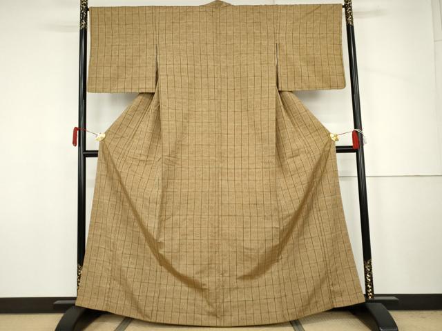 平和屋着物●花織 紬 格子 正絹 逸品 AABJ6620cs