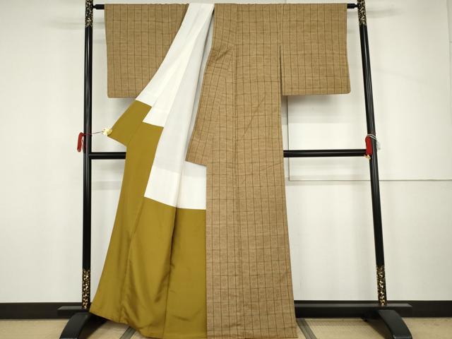 平和屋着物●花織 紬 格子 正絹 逸品 AABJ6620cs