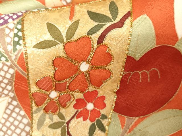 平和屋着物●十日町老舗ブランド 吉澤友禅 吾妻徳穂 振袖 駒刺繍 橘 金彩 正絹 逸品 AABJ6621cs