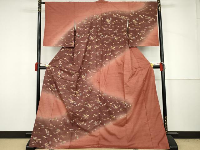 平和屋着物●訪問着 紬地 芝花文 金彩 ロング丈 正絹 逸品 AABJ6623cs