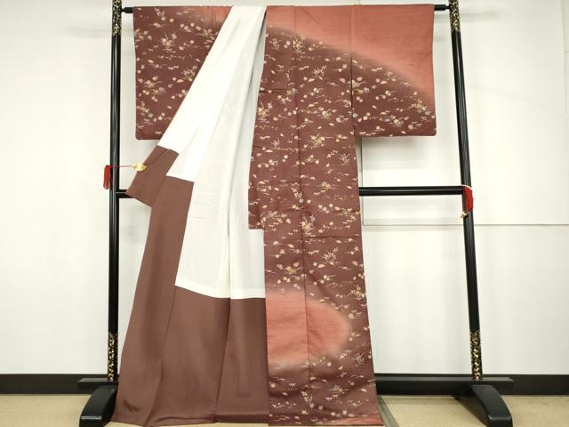 平和屋着物●訪問着 紬地 芝花文 金彩 ロング丈 正絹 逸品 AABJ6623cs