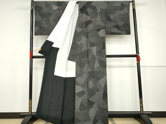 平和屋着物●江戸小紋 寺山存男 切嵌吉祥花文 黒地 正絹 逸品 AABJ6625cs