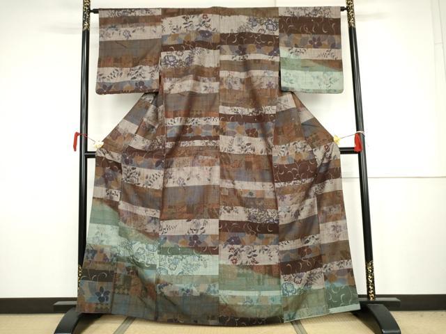 平和屋着物●小千谷紬 訪問着 百柄 横段花文 正絹 逸品 AABJ6637cs