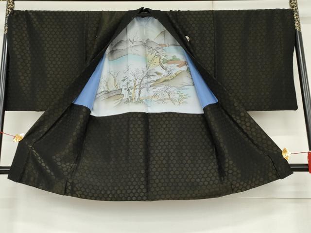平和屋着物●男性 黒紋付・羽織セット 亀甲文 黒地 金通し地 キングサイズ 正絹 逸品 AABJ6639cs