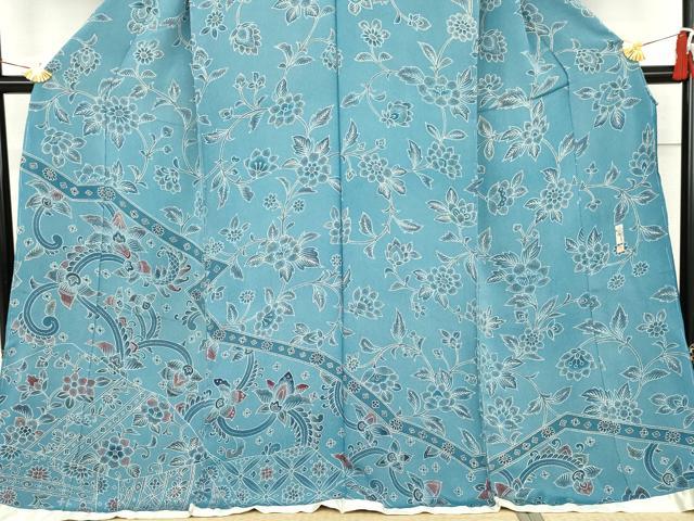 平和屋着物●小林文次郎 訪問着 型染め 更紗花文 鬼しぼ縮緬 浜ちりめん 仮絵羽 正絹 逸品 未使用 AABJ6652cs