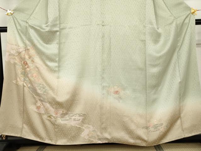 平和屋着物●訪問着 中国三大刺繍 スワトウ刺繍 汕頭刺繍 相良刺繍 扇面花文 暈し染め 正絹 逸品 AABJ6687cs