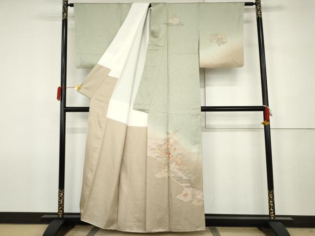 平和屋着物●訪問着 中国三大刺繍 スワトウ刺繍 汕頭刺繍 相良刺繍 扇面花文 暈し染め 正絹 逸品 AABJ6687cs