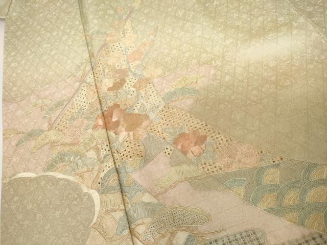 平和屋着物●訪問着 中国三大刺繍 スワトウ刺繍 汕頭刺繍 相良刺繍 扇面花文 暈し染め 正絹 逸品 AABJ6687cs