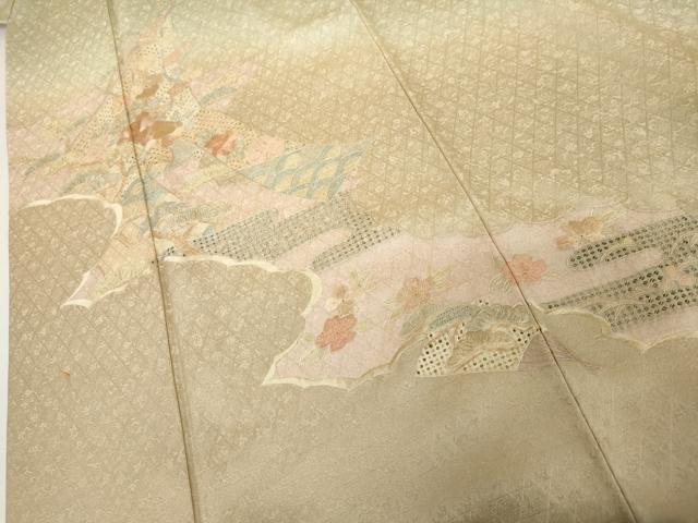 平和屋着物●訪問着 中国三大刺繍 スワトウ刺繍 汕頭刺繍 相良刺繍 扇面花文 暈し染め 正絹 逸品 AABJ6687cs