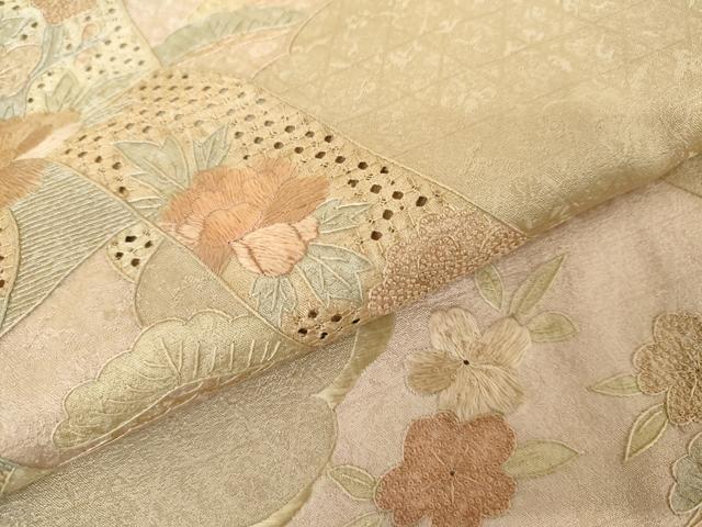 平和屋着物●訪問着 中国三大刺繍 スワトウ刺繍 汕頭刺繍 相良刺繍 扇面花文 暈し染め 正絹 逸品 AABJ6687cs