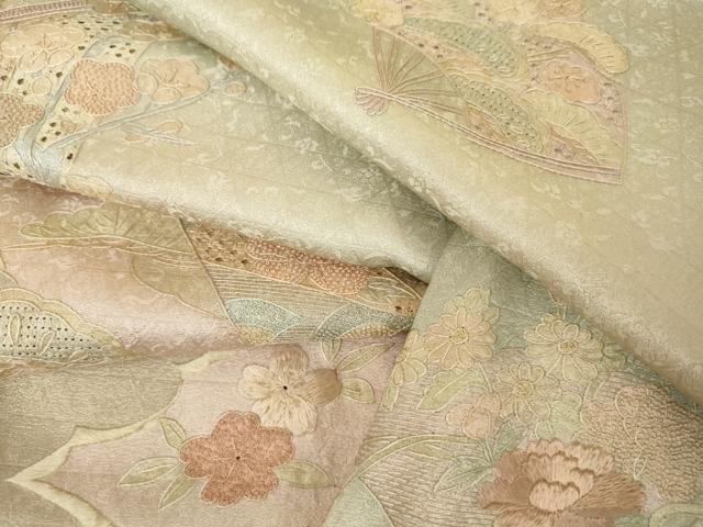 平和屋着物●訪問着 中国三大刺繍 スワトウ刺繍 汕頭刺繍 相良刺繍 扇面花文 暈し染め 正絹 逸品 AABJ6687cs