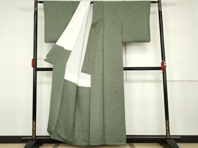 平和屋着物●上質な色無地 草花地紋 青白橡色 正絹 逸品 AABJ6699cs