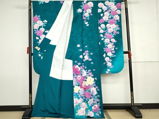 平和屋着物●豪華振袖 刺繍 草花文 薔薇 バラ 暈し染め 金銀彩 金糸 正絹 逸品 AABJ6712cs