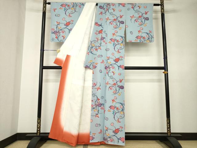 平和屋着物●上質な小紋 紅型 花蝶文 鬼しぼ縮緬 正絹 逸品 AABJ6730ck